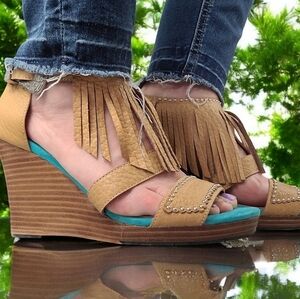 YK Branded Wedged Heel  Leather and Suede Fringe Ankle Buckle Shoes